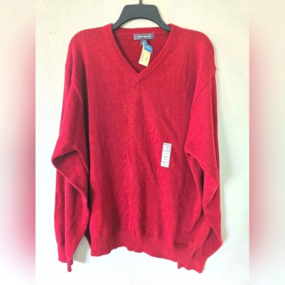Eddie Bauer Sweater Mens XL Red Claret Pullover V Neck Pima Cotton Eclectric - Picture 1 of 9